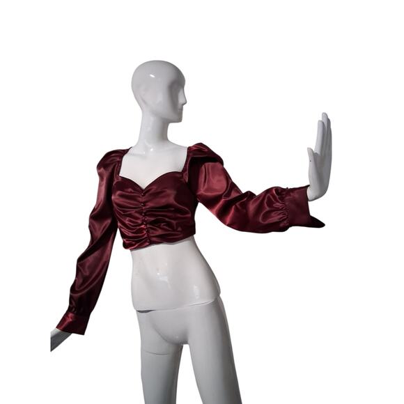 Windsor Women's size Small Falling For You Puff Sleeve Satin Romantic Crop Top - Picture 7 of 13